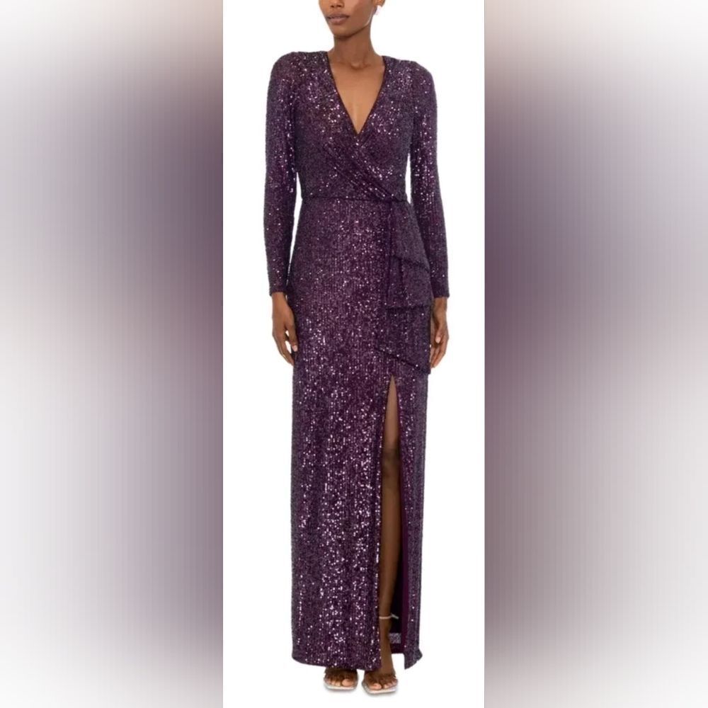 Xscape Mulberry Purple Sequin Long Sleeve Column Gown Size 10 NWOT